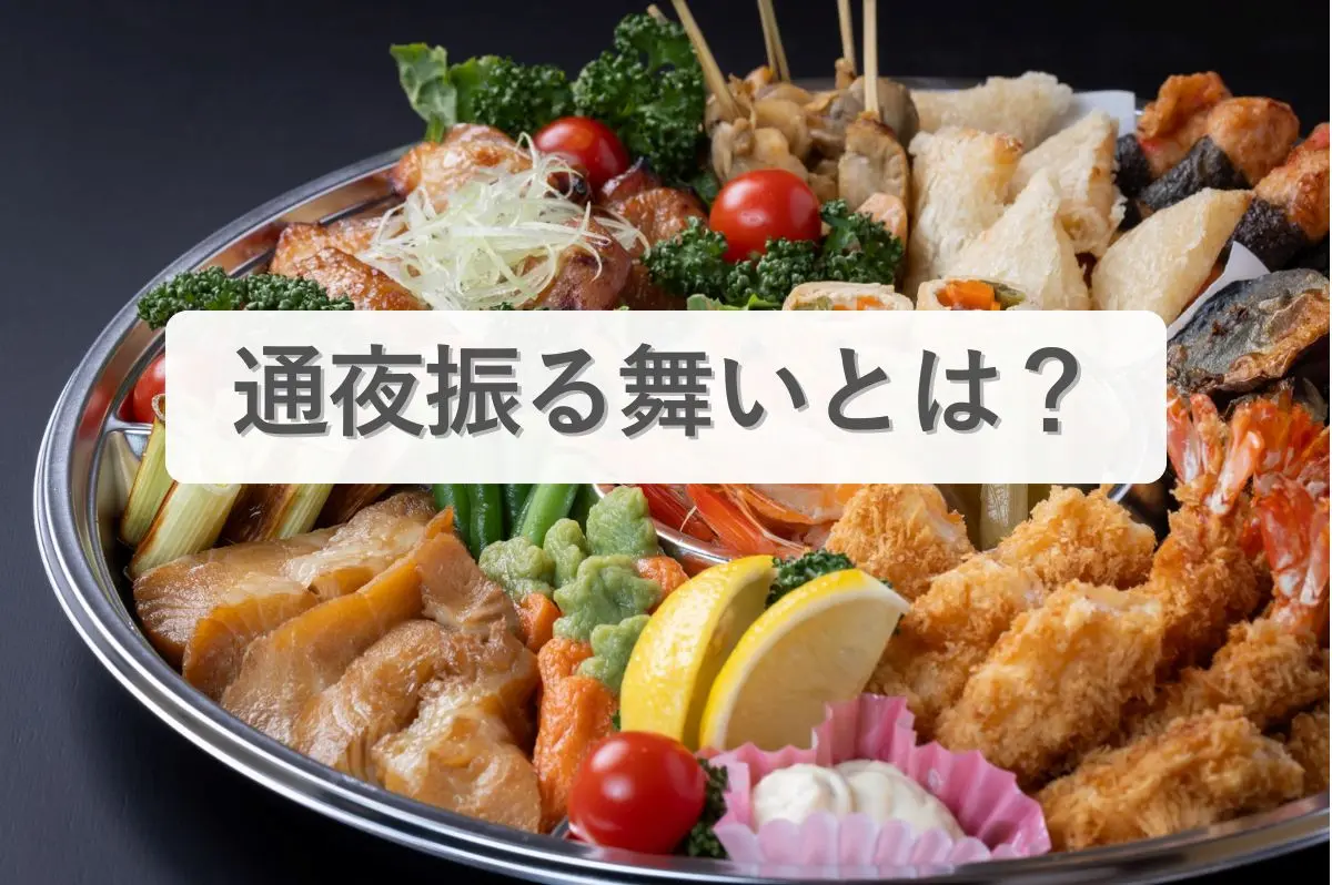 通夜振る舞いとは？の文字とオードブルの画像